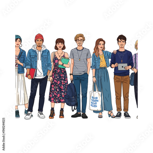 Group of diverse young adults standing together in casual streetwear attire