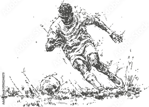 Dynamic soccer player kicking ball aggressively on a grassy field in black ink sketch