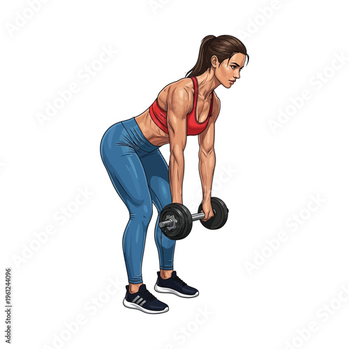 Woman performing a dumbbell deadlift exercise in athletic attire