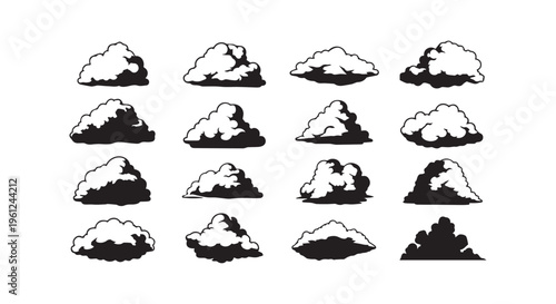 Collection of various cloud shapes in black and white silhouette