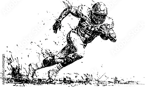 American football player running with ball splashing mud in intense game action illustration