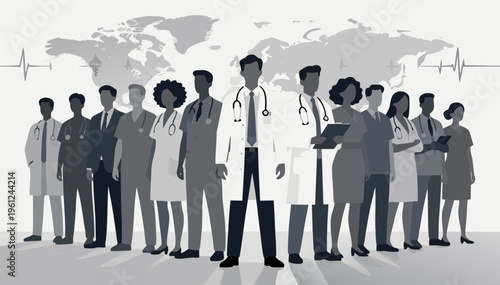 Diverse group of medical professionals and healthcare workers standing together with a world map background, world Health day concept. 