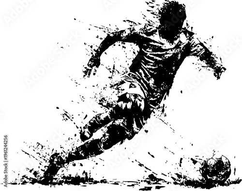 Dynamic soccer player kicking ball action splash ink drawing, sports energy and motion illustration