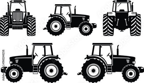 Black tractor silhouette set featuring front and side views of agricultural machinery with bold outlines, farming equipment icons, rural industry design elements for stock illustration.