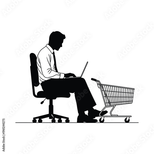 Professional using a laptop while sitting next to a shopping cart in an office setting.
