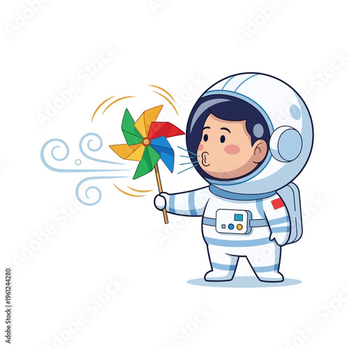 Cute astronaut blowing pinwheel toy cartoon kids pastel illustration sticker isolated white background