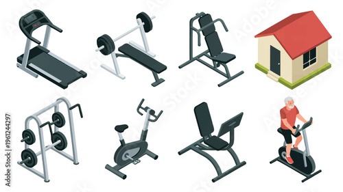 Isometric gym equipment and house with man exercising on bike at home  fitness and workout
