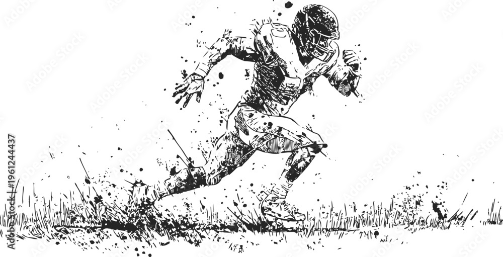 Obraz premium American football player sprinting with full gear in dynamic action silhouette drawing