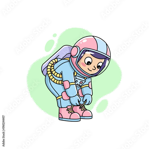 Cute astronaut tying shoelaces cartoon kids illustration pastel vector sticker isolated white background