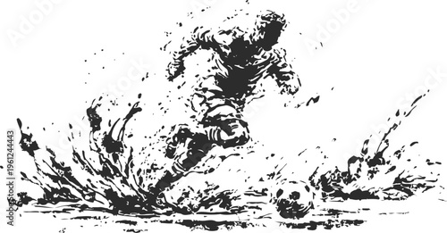 Dynamic soccer player kicking ball with splashing water effect in motion black ink illustration