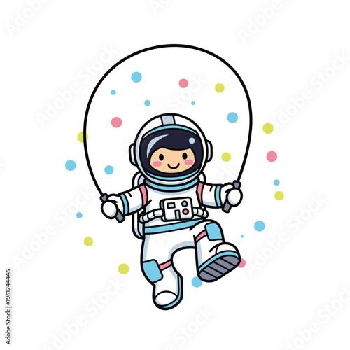 Cute astronaut playing jump rope with circle dots cartoon kids pastel illustration sticker isolated white background