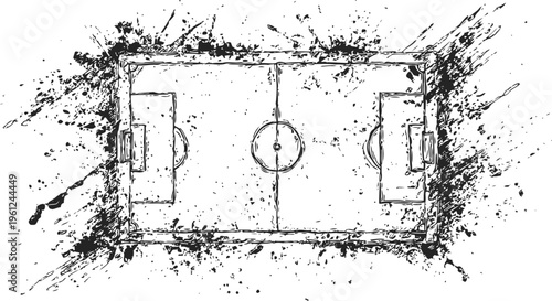 Grunge soccer field sketch with splattered ink effect, top view of football pitch drawing