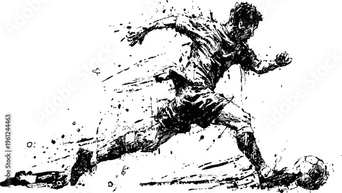 Dynamic soccer player kicking ball, energetic sports action silhouette with motion splash effects