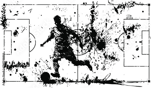 Soccer player silhouette kicking ball with dynamic paint splatter on field outline