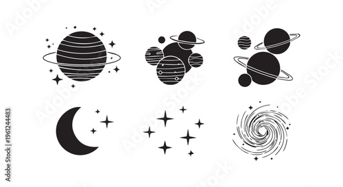 A collection of black and white illustrations of planets and stars in space