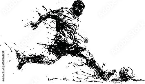 Dynamic football player kicking ball abstract ink splatter sport silhouette, energetic soccer action pose