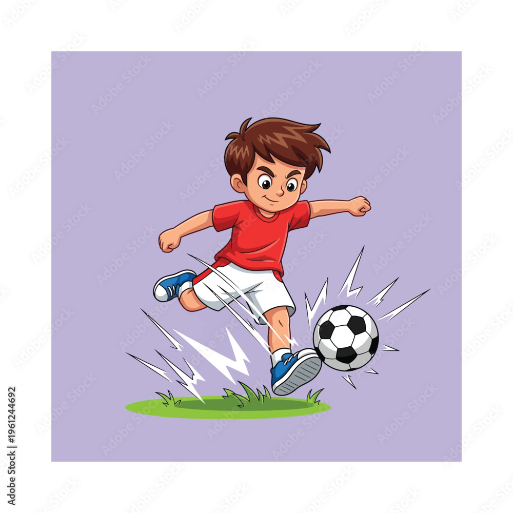 Obraz premium Young boy energetically kicking a soccer ball on a grassy field
