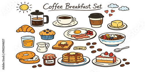 Colorful set of food and drink icons including burger pizza cake coffee and other meals in a simple cartoon style