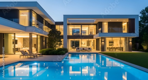 modern white luxury residential building with illuminated windows and swimming pool