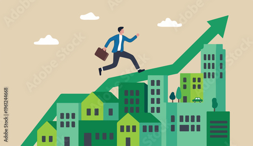 Real estate market price rising up chart homebuyer property investment concept, businessman homebuyer real estate agent happy running rising up house building greengraph and chart.
