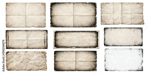 A set of vintage textured old paper sheets and aged brown cardboard pieces with torn ripped edges, grunge parchment textures, and blank empty notes taped into a rough frame