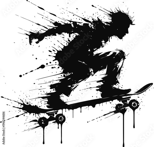 skateboarder silhouette jumping with dynamic paint splatter effect in black ink art