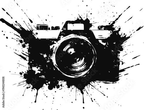 Grunge camera illustration with ink splatters and artistic paint splash background