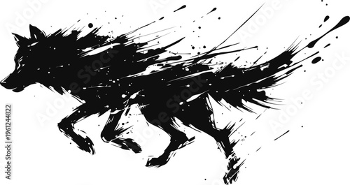 Black ink splatter wolf silhouette running fast dynamic wild animal design