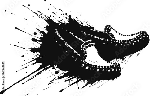 Black splattered moccasins silhouette with bead details, artistic grunge footwear illustration