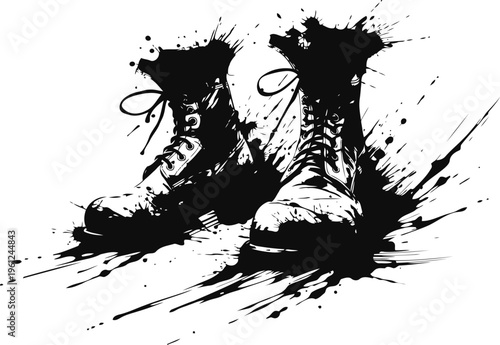 Black grunge combat boots with laces splattered ink vector illustration