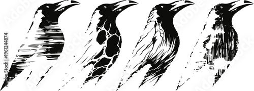 Abstract artistic crow illustrations showing different styles and textures in monochrome