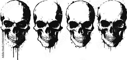 Four grunge skulls with dripping ink effect horror and gothic human skeleton heads design