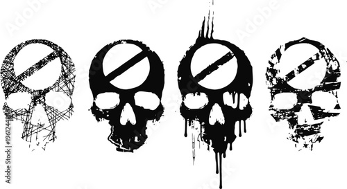 Grunge skulls with prohibition signs in different distressed styles horror design elements, dark art, and vandalism theme