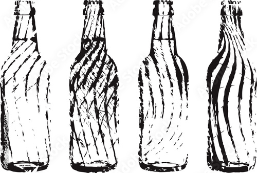 abstract black ink patterns on four transparent bottle silhouettes, artistic texture design