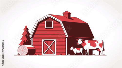Red barn with cows and hay bale in rural landscape scene
