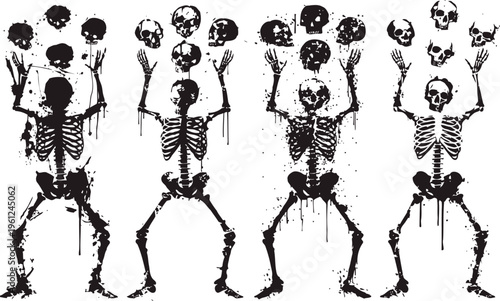 Four skeletons juggling skulls in an artistic black ink silhouette design