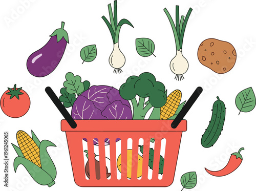 Grocery shopping basket with vegetables vector. Flat illustration of a red basket filled with broccoli, cabbage, corn, eggplant, tomato, and peppers for food design.