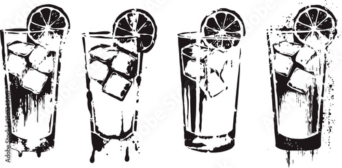 four stylized black and white illustrations of iced lemon drinks in tall glasses with lemon slices