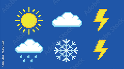 Pixelated weather icons on blue background, representing various weather conditions. Including sunny, cloudy, rainy, snowy, and stormy