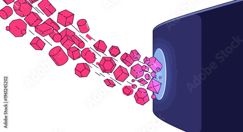 Abstract digital artwork depicting multitude of pink 3D geometric shapes emerging from black rectangular device, symbolizing data flow or virtual reality experience.