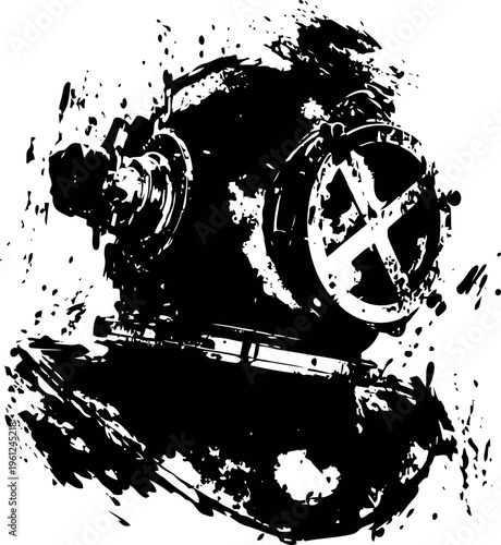 Old deep sea diving helmet silhouette with vintage underwater exploration design