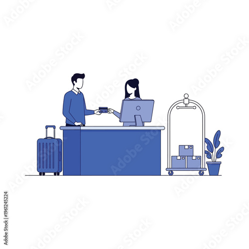 Two professionals checking in at a hotel front desk with luggage and a cart.