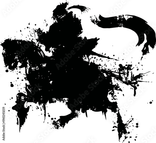 Dynamic ink splatter illustration of a medieval knight riding a horse with flowing banner and lance