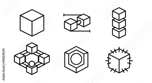 Abstract geometric shapes arranged in various configurations, showcasing visual interest and minimalism, perfect for design, architecture, and technology concepts rendered as stark black and