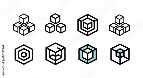 A collection of abstract geometric cube and hexagon shapes, rendered in a modern, minimalist line art style, showcasing variations for design, branding, and conceptual technology or data vis
