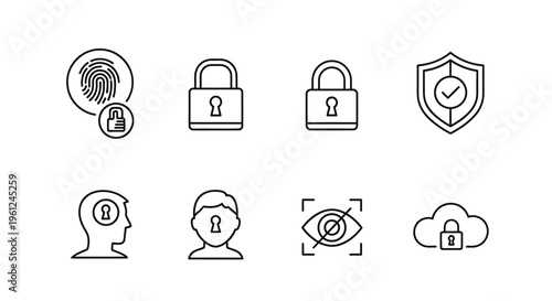 A detailed minimalistic vector collection featuring cybersecurity concepts, including fingerprint authentication, classic padlocks, a secured shield with a check mark, profile with a lock sy