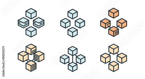 A collection of six minimalist abstract logo variations, each showcasing a stylized arrangement of connected geometric cubes to represent a concept or solution in a business or technology co