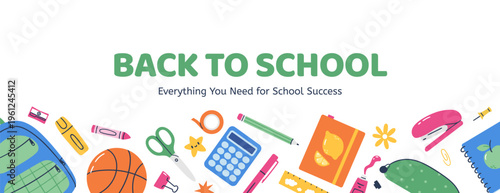 Back to School horizontal banner with various stationery items. Backpack, calculator, scissors, notebook. Hand drawn vector illustration for educational promotions.