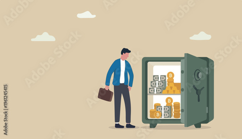 Alternative financial assets, crypto currency bitcoin, cash and gold for investment retirement plan concept, businessman investor standing with security safe with full cash, gold bitcoin inside