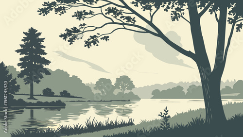 Serene lakeside landscape with silhouette trees and calm water reflecting the overcast sky, in a minimalist flat design style, tree line
